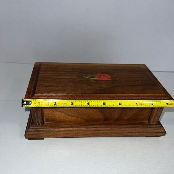 Vintage Wood Jewelry Box Folk Art Cottage Red Stencil Flower Stash Keepsake Oak - Picture 4 of 9